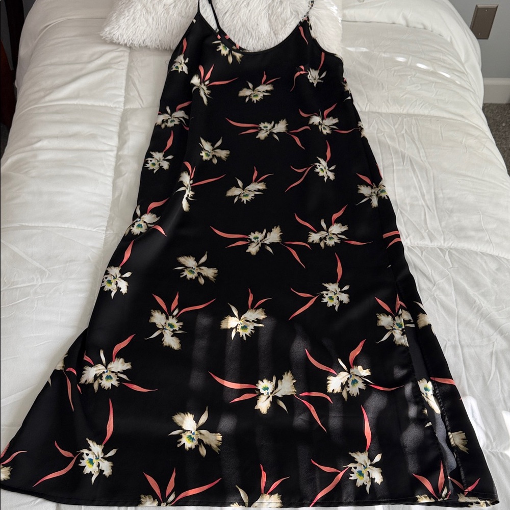 J. Crew Black Floral Slip Maxi Dress with Pink and Cream Accents